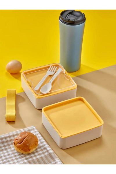 STOREMAX Mrttnca Pri̇me Practical and Stylish Lunch Box with 2 Layers, Spoon and Fork Set, Stone