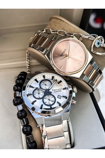 Ferrucci Silver Colored Steel Band Lover Watches - with Rosary and Bracelet Gift