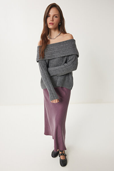 Lovelyİstanbul Anthracite Open Shoulder Knitwear Sweater - Lpf0005