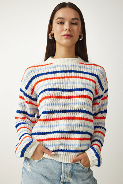 Lovelyİstanbul Pulover Tricotaj cu dungi Ecru - Lza0004
