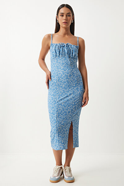 Lovelyİstanbul Light Blue Floral Print Knitted Summer Dress with Slit - Lci0003
