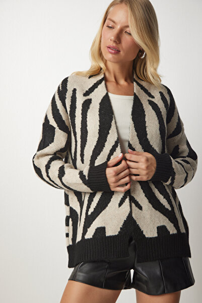 Lovelyİstanbul سترة تريكو منقوشة باللون الأسود والبيج - Lbv0006