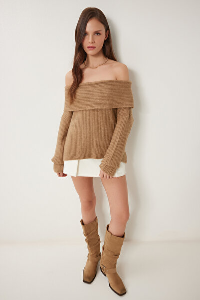 Lovelyİstanbul Açık Omuzlu Triko Kazak Camel Lpf0005