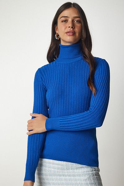 Lovelyİstanbul Pulover albastru cu guler cu nervuri - Lbv0029