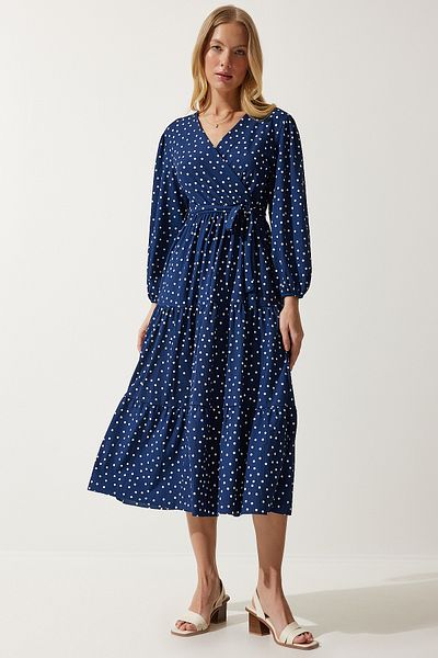 Lovelyİstanbul Πλεκτό φόρεμα Navy Blue πουά - Περιτυλιγμένος γιακάς Lmc0012