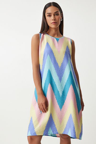 Lovelyİstanbul Blue Pink Patterned Summer Bell Dress - Lbv0001