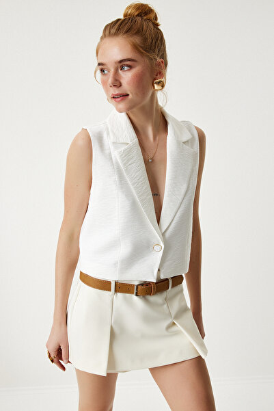 Lovelyİstanbul Shawl Collar Crop Linen Vest Ecru Lto0006