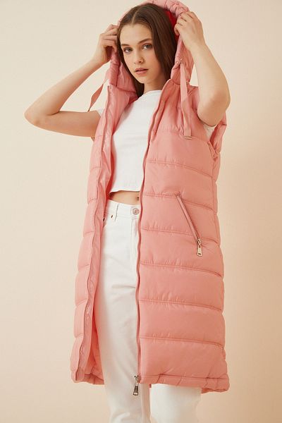Lovelyİstanbul Pink Long Puffer Hooded Vest - Ldd0036