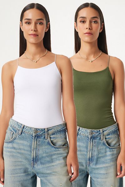 Lovelyİstanbul White Khaki Knitted Blouse - Double, Rope Strap, Lld0001