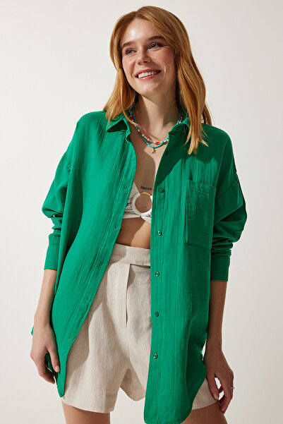 Lovelyİstanbul قميص موسلين أخضر كبير الحجم - Lmx0002