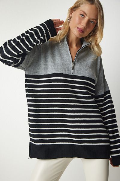 Lovelyİstanbul Gray Black Striped Sweater - Zippered, Stand Collar Lyy0030