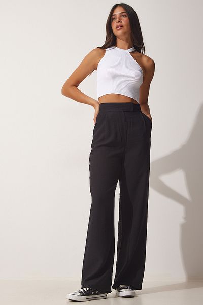 Lovelyİstanbul Flowy Linen Trousers with Velcro Closure Black Lbv0002