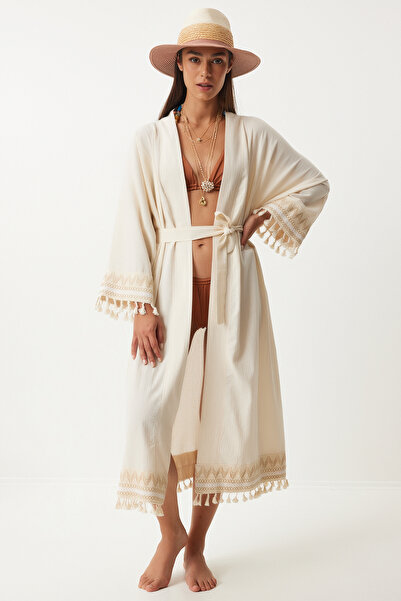 Lovelyİstanbul Λεπτομερές μακρύ λινό κιμονό με φούντα και λεπτομέρειες γκιπού...
