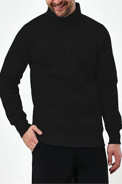 ruNadeS Black Stand Collar Zippered Oversize Unisex Sweatshirt with Fleece Inside