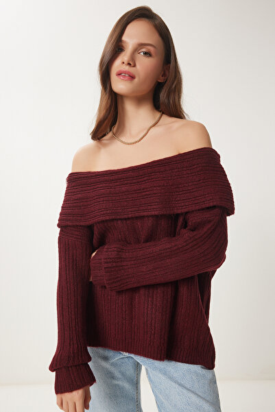 Lovelyİstanbul Açık Omuzlu Triko Kazak Bordo Lpf0005