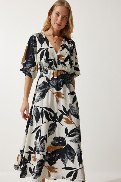 Lovelyİstanbul Ecru Black Knitted Dress - Wrap Collar and Patterned Ldk0004