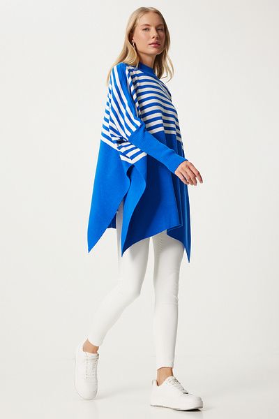 Lovelyİstanbul Pulover poncho supradimensionat cu dungi albastre cu fantă laterală Ldd0031