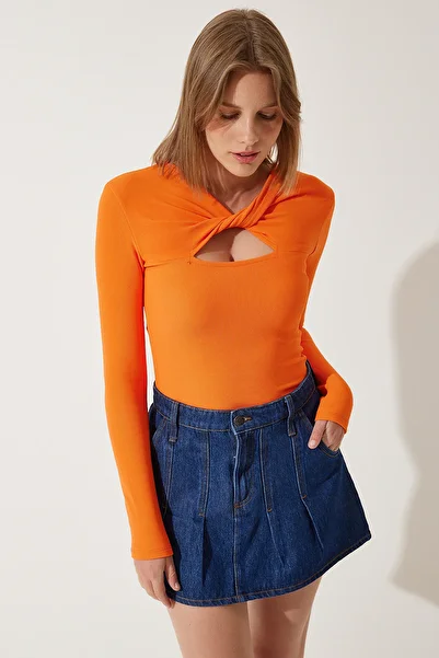 Lovelyİstanbul Cut Out Detailed Ribbed Knitted Blouse Orange Lsf0001
