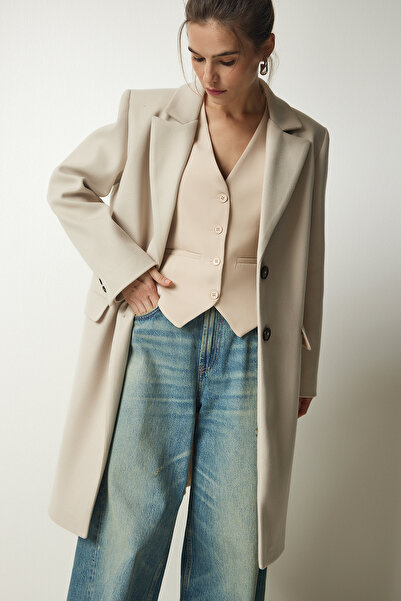 Lovelyİstanbul Kruvaze Yaka Düğmeli Kaşe Kaban Krem Lto0020