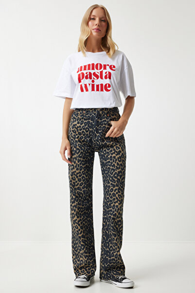 Lovelyİstanbul جينز مستقيم منقوش بنقشة الفهد باللون الأسود - Lut0006