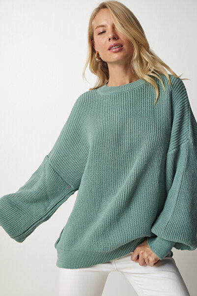 Lovelyİstanbul Pulover de tricotaj oversize verde Çağla - Lmx0019