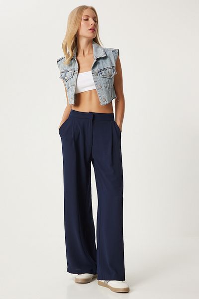 Lovelyİstanbul Navy Blue Lul0009 - Pleated Woven Palazzo Trousers