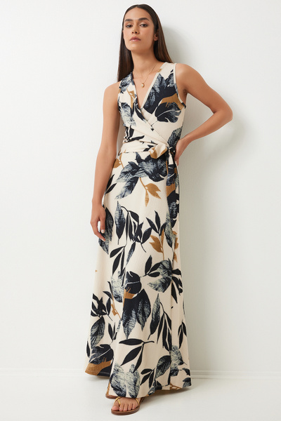 Lovelyİstanbul Πλεκτό καλοκαιρινό φόρεμα με πράσινο κρεμ τυλιγμένο γιακά με φ...