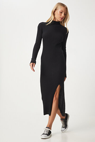 Lovelyİstanbul Dik Yaka Yırtmaçlı Saran Triko Elbise SİYAH LDD0064