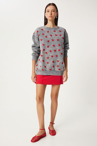 Lovelyİstanbul Heart Printed Washed Knitted Sweatshirt - Anthracite Lnj0009