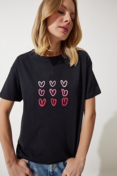 Lovelyİstanbul Kalp Nakışlı Pamuklu T-shirt SİYAH LMP0001