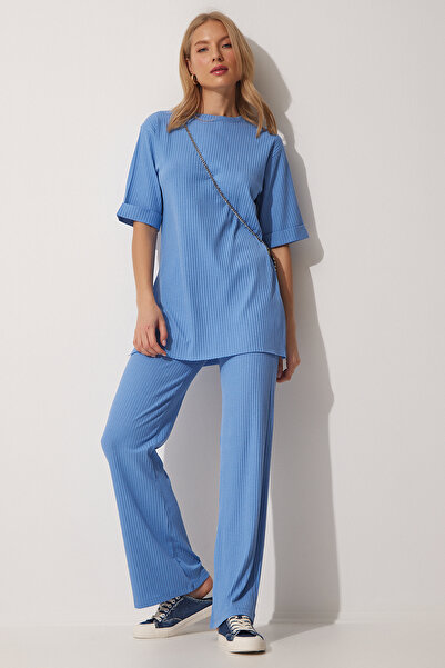 Lovelyİstanbul Costum tricotat flexibil cu nervuri albastru deschis - LKH0003