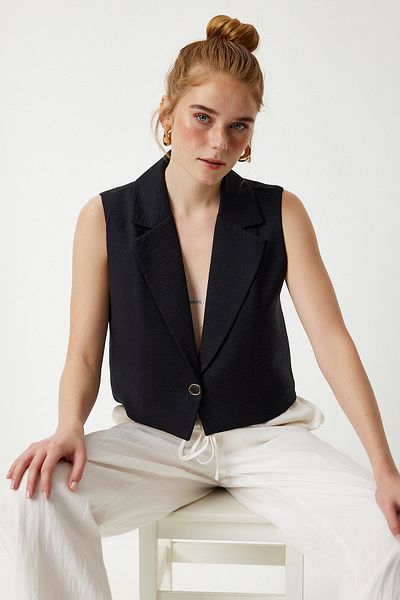 Lovelyİstanbul Shawl Collar Crop Linen Vest Black Lto0006