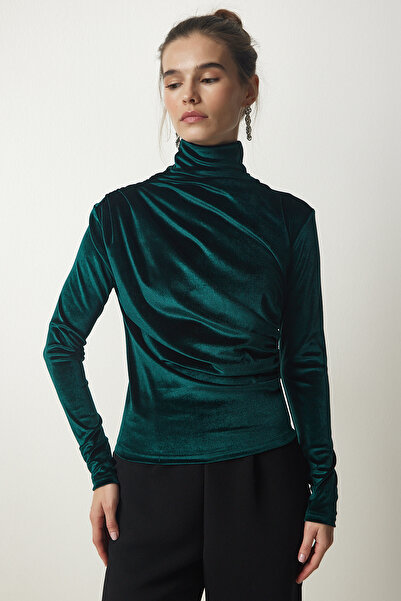 Lovelyİstanbul Σμαραγδένια Πράσινη Κομψή Βελούδινη Μπλούζα - Κολάρο με κορδόνι, Lff0019