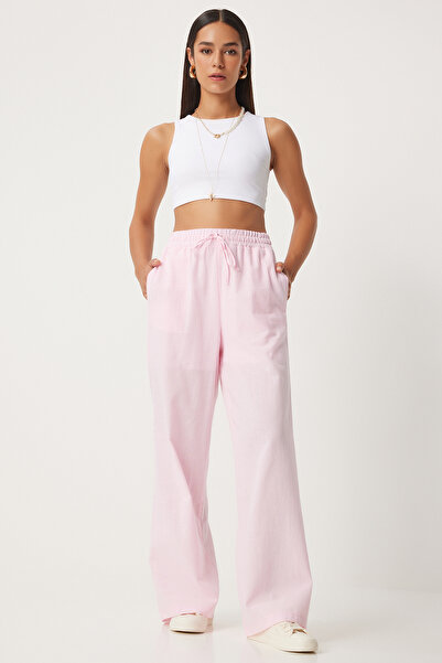 Lovelyİstanbul Ανοιχτό ροζ λινό παντελόνι Loose Cut - LDP0002
