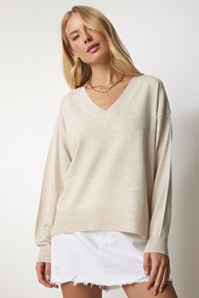 Lovelyİstanbul Πλεκτό πουλόβερ με λαιμόκοψη V - Κρεμ Lbv0026