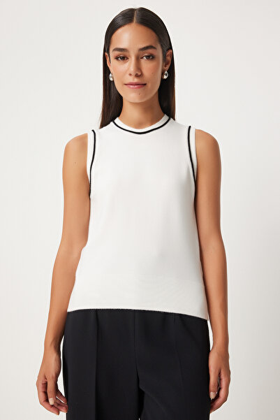 Lovelyİstanbul Bluză albă din tricotaje - fără mâneci și dungi, Lpf0010