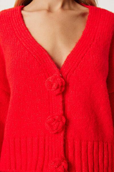 Lovelyİstanbul Piros pompon virágmintás kötöttáru kardigán - LPF0045