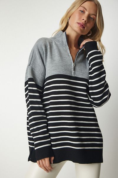 Lovelyİstanbul Gray Black Striped Sweater - Zippered, Stand Collar Lyy0030