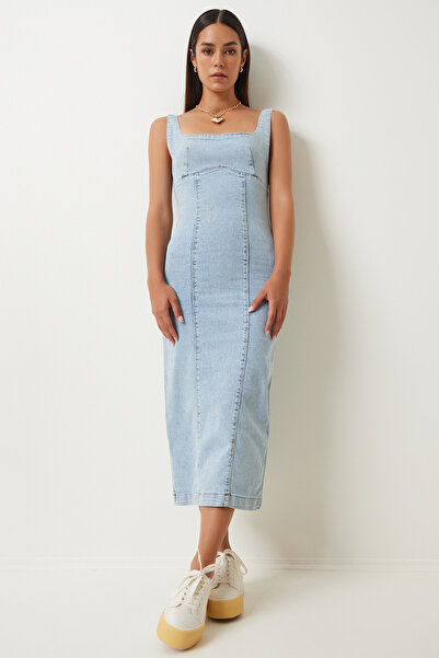 Lovelyİstanbul Ανοιχτό μπλε μίντι τζιν φόρεμα - λουράκι LOK0001