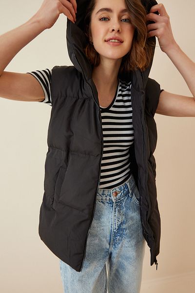 Lovelyİstanbul Long Oversize Hooded Puffer Vest - Black Lci0007