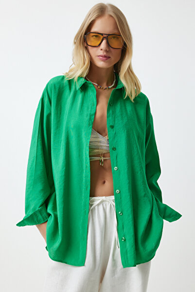 Lovelyİstanbul قميص كتان أخضر كبير الحجم - طويل أيروبين Lto0015
