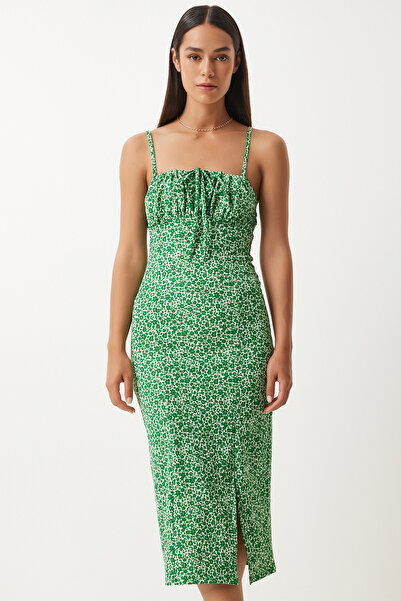 Lovelyİstanbul Çiçekli Desenli Yırtmaçlı Yazlık Örme Elbise KOYU YEŞİL BEYAZ LCI0003