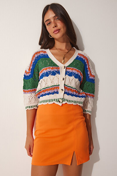 Lovelyİstanbul Cardigan de tricotaj cu dungi verde crem ajurat - Lmc0013