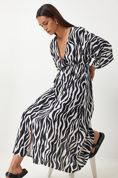 Lovelyİstanbul Rochie de vară lungă din viscoză cu decolteu adânc în V ALB NEGRU LCI0002