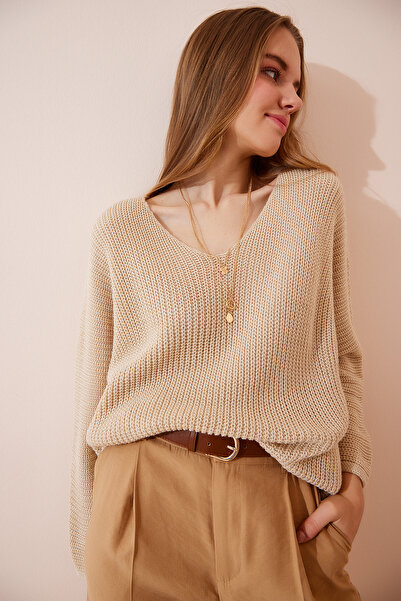 Lovelyİstanbul سترة تريكو كبيرة الحجم برقبة على شكل حرف V - سيلانيك محبوك، كريمي، Lza0007