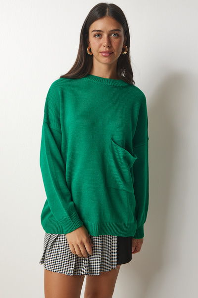 Lovelyİstanbul Green Basic Knitwear Sweater - Pocket Detailed Lmx0016