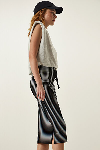 Lovelyİstanbul Πλεκτή φούστα με ριγέ σχισμή τυλιγμένη μαύρη Lff0012