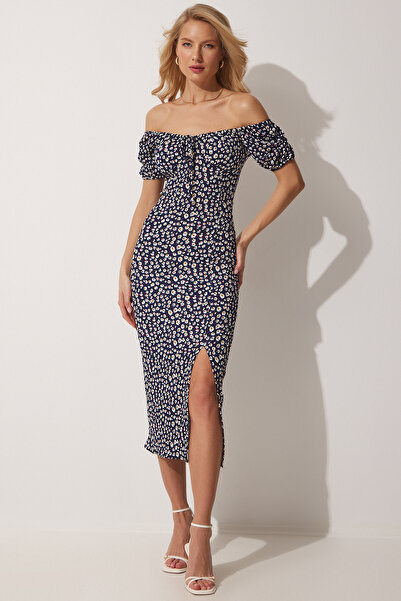 Lovelyİstanbul Καλοκαιρινό πλεκτό φόρεμα με λουλούδια Carmen σε σκούρο μπλε L...