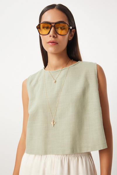 Lovelyİstanbul Ανοιχτό Χακί Λινό Φανελάκι - LGP0004