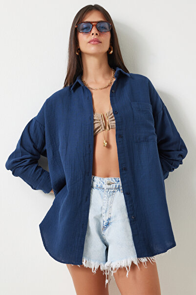 Lovelyİstanbul Oversize Basic Müslin Gömlek LACİVERT LMX0002